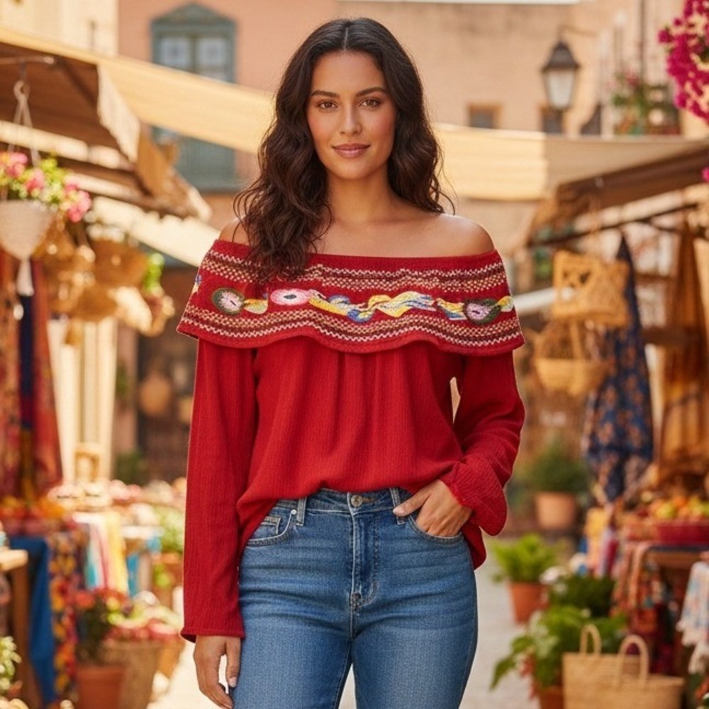 Cklass Red Embroidered‎ Off The Shoulder Boho Blouse Top Large